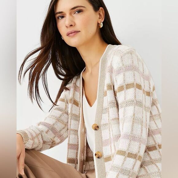 Ann Taylor Plaid Boyfriend Button Front Cardigan in Cream - Picture 3 of 7